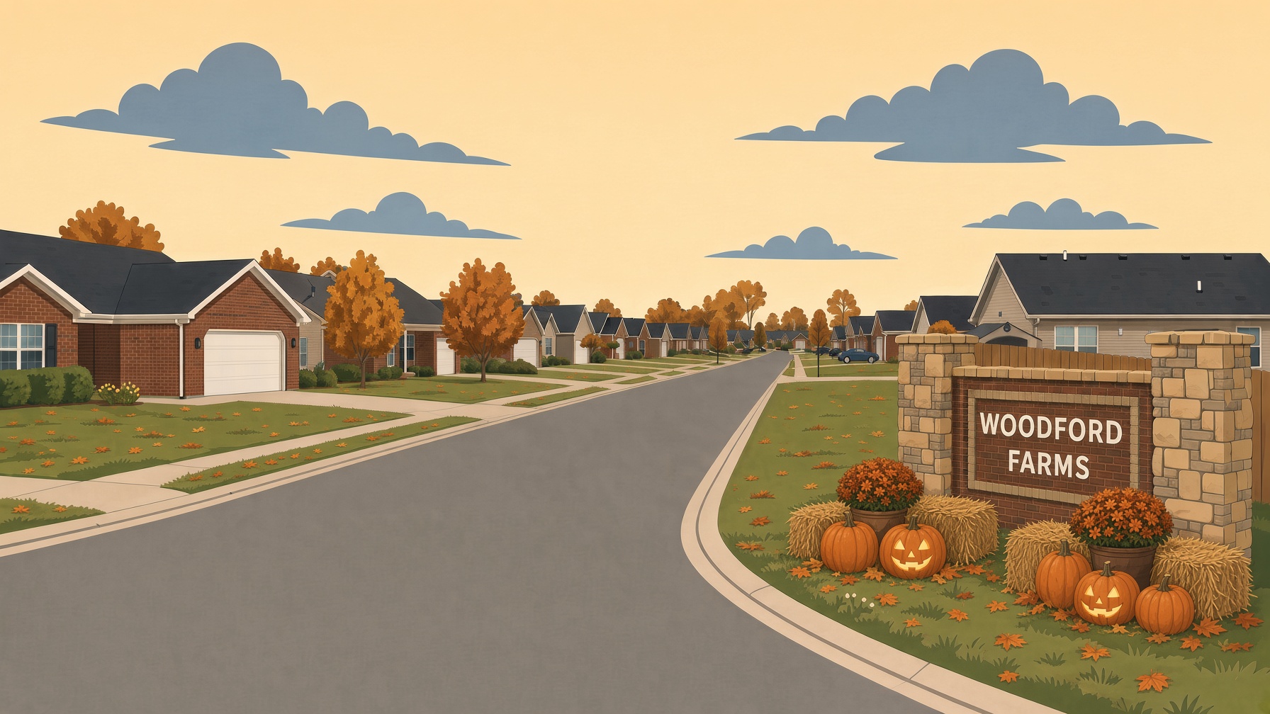 Illustrated autumn entrance to Woodford Farms, with pumpkins beside the monument sign.